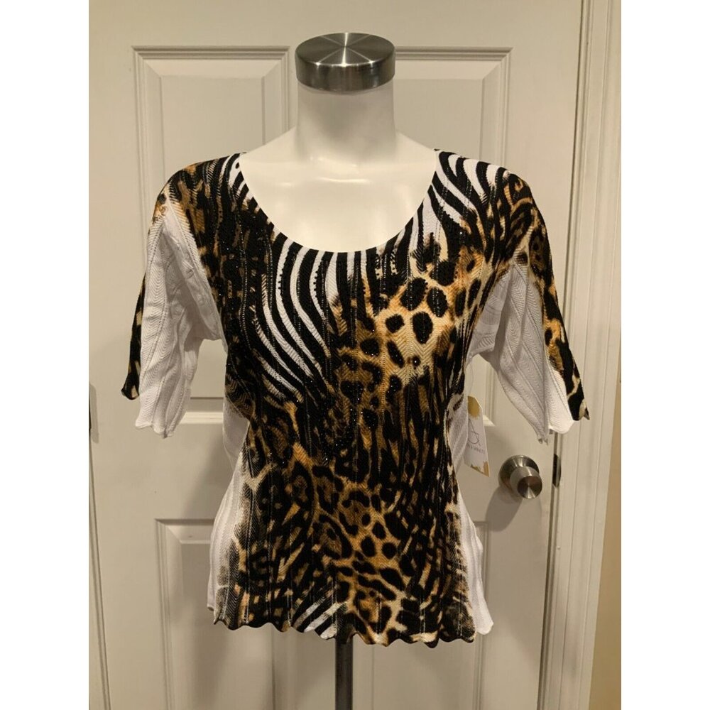 Alberto Makali White Lightweight Sweater Black & Brown Animal Print Jewel Size M